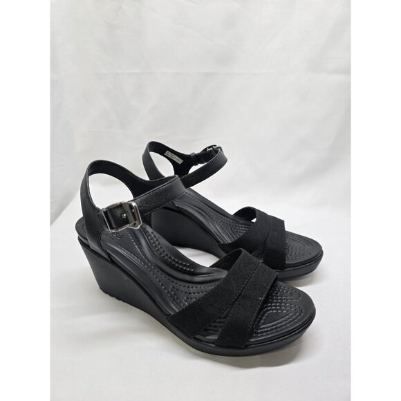 Crocs Leigh II Cross Strap Strappy Ankle Wedge Sandals Black Women’s Size 7 - Picture 1 of 12